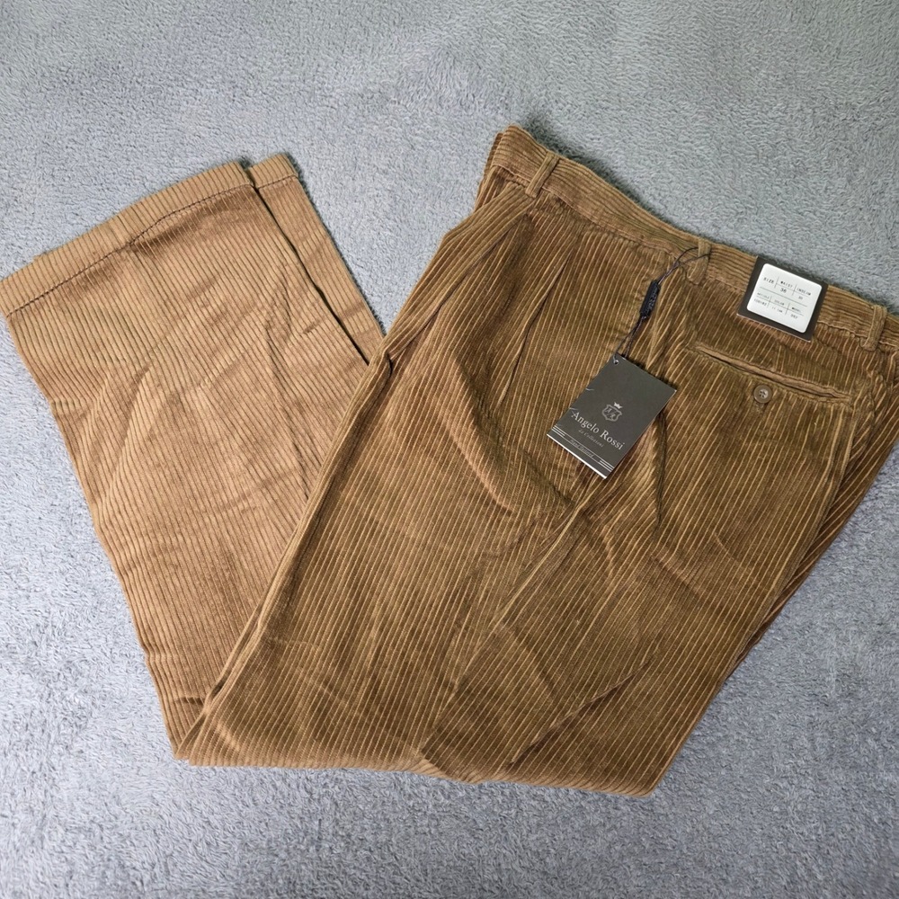 Angelo Rossi Mens 36x30 Corduroy Pleated Trousers Tan Wide Wale Cuffed 1001R2
